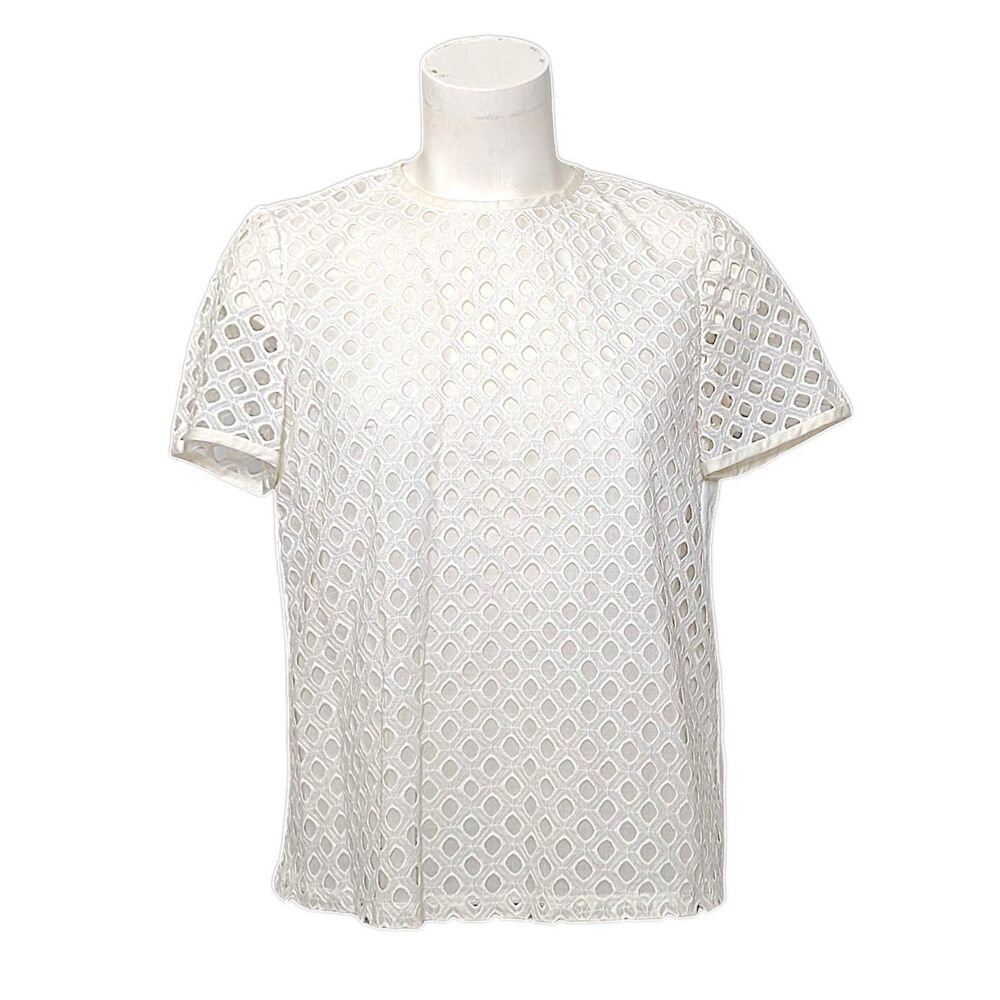 Tory Burch Size 4 OS White Eyelet Short Sleeve Top Pleated Back Preppy Old Money